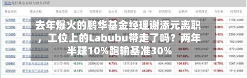 去年爆火的鹏华基金经理谢添元离职，工位上的Labubu带走了吗？两年半赚10%跑输基准30%