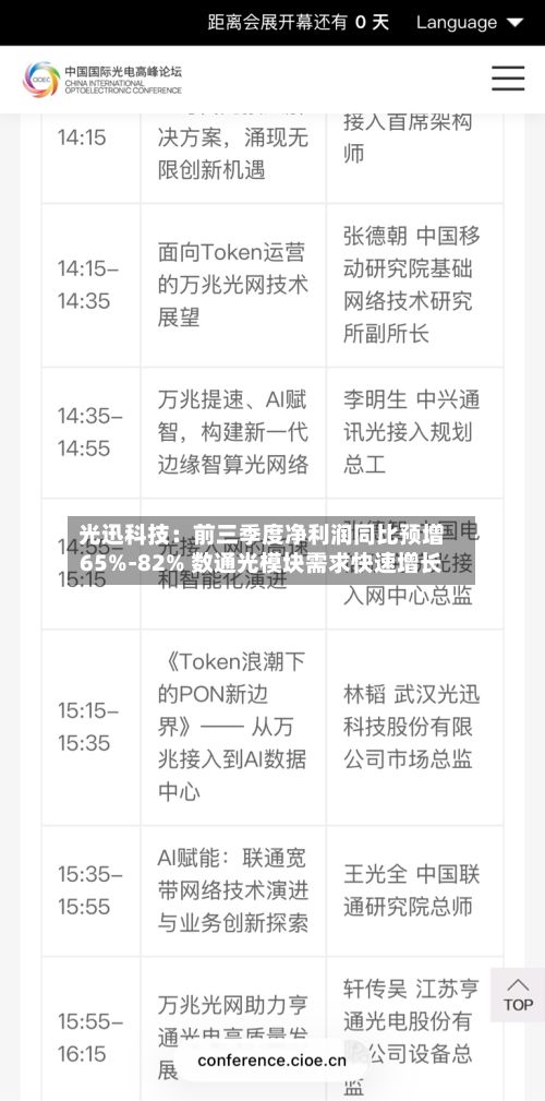 光迅科技：前三季度净利润同比预增65%-82% 数通光模块需求快速增长